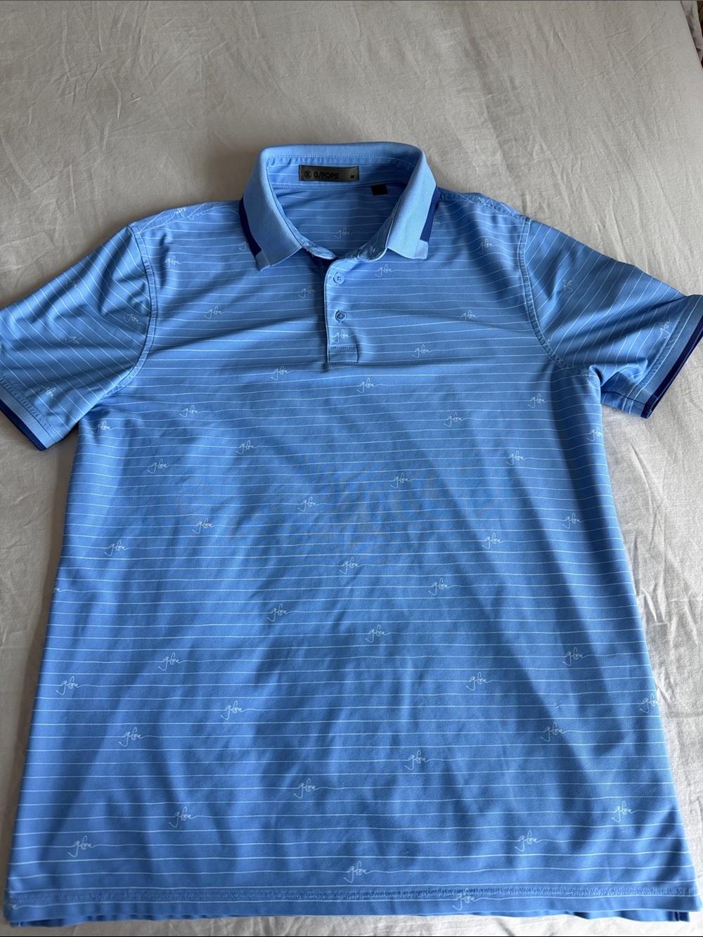 G/FORE Light Blue Striped Polo with Navy Trim